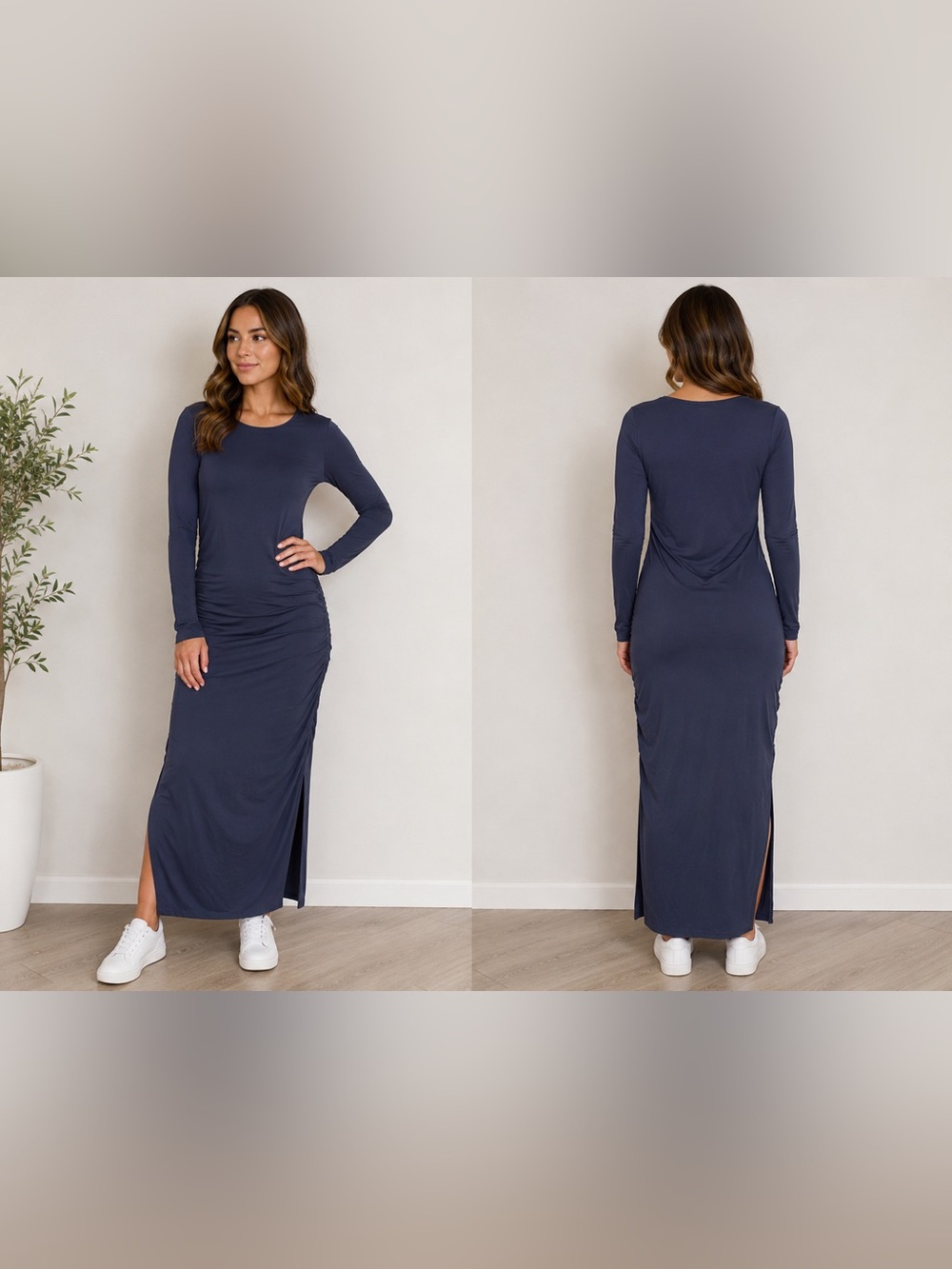 Long Sleeve Navy Ruched Maxi Dress with Side Slit